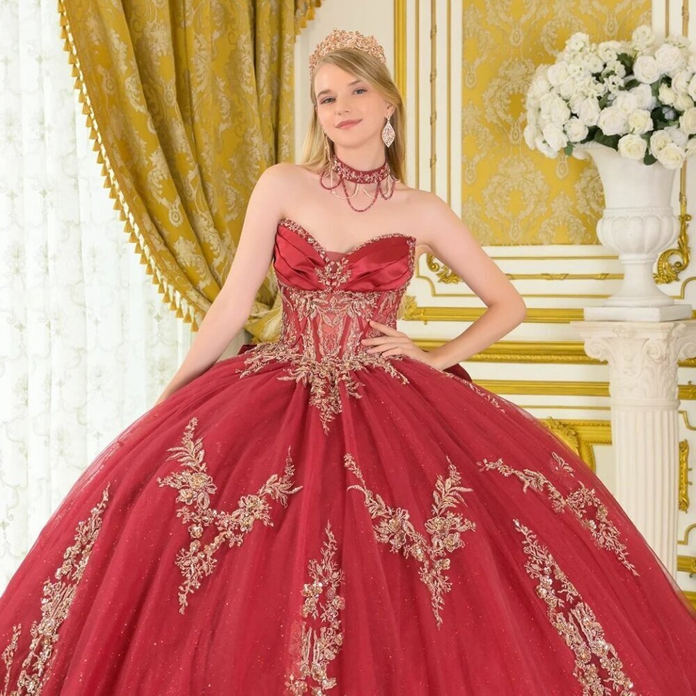 New Burgundy Strapless Satin Quinceanera Gown w/ Beaded Matching Choker GL3675